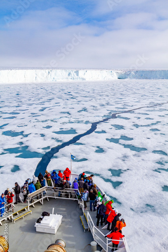 The Lindblad Expedition ship National Geographic Explorer at Austfonna in the Svalbard Archipelago, Norway, Arctic, Europe photo