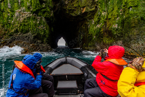 The Lindblad Expedition ship National Geographic Explorer running Zodiac operations in Bjornoya (Bear Island) in the Svalbard Archipelago, Norway, Arctic, Europe photo