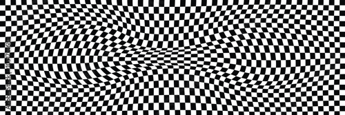 Groovy striped and checkered seamless pattern. Wavy curved backdrop, distortion effect. Funky geometric chessboard texture pattern. Hippie fashion textile print, retro mess grid background. Vector ill