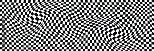 Groovy striped and checkered seamless pattern. Wavy curved backdrop, distortion effect. Funky geometric chessboard texture pattern. Hippie fashion textile print, retro mess grid background. Vector ill
