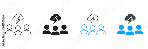 Creativity Work Symbol. Team Brainstorming Line and Silhouette Icon Set. Thunder Storm with Cloud and Lightning Above Group Of People Pictogram. Editable Stroke. Isolated Vector Illustration