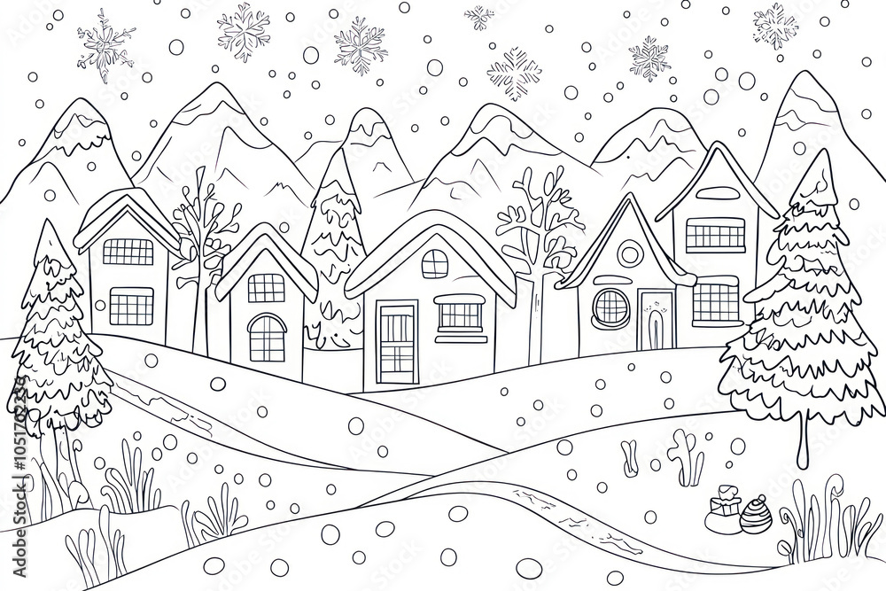 Obraz premium Winter wonderland, coloring page for kids, line art.