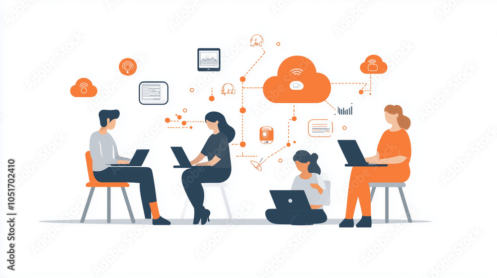 lustration of professionals connected in a digital workspace via cloud technology. Represents flexible work, online connectivity, and virtual collaboration in modern business and tech settings lustration of professionals connected in a digital workspace via cloud technology. Represents flexible work, online connectivity, and virtual collaboration in modern business and tech settings