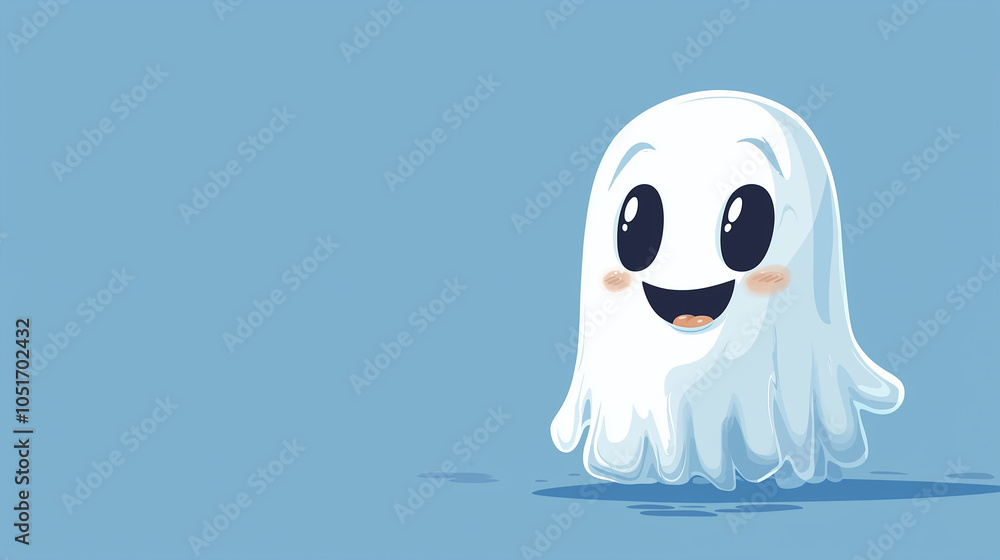 Obraz premium Halloween banner with copy space, illustrated mascot character of friendly ghost, smiling