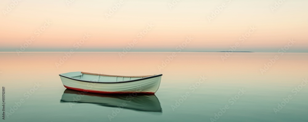A serene boat floating on calm waters during a pastel-colored sunset. A serene boat floating on calm waters during a pastel-colored sunset.