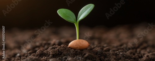 A small green sprout emerging from rich, dark soil, symbolizing growth and renewal.