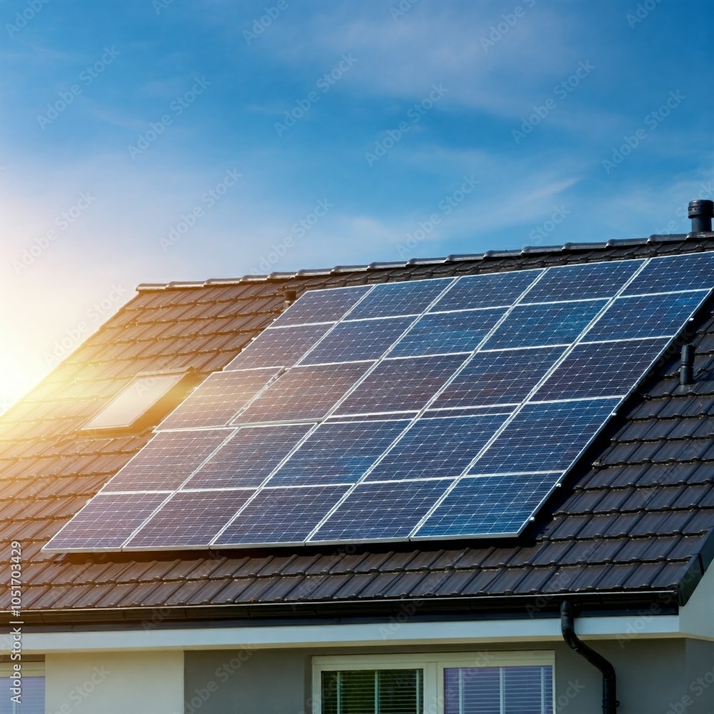 Modern home with solar panels symbolizing the transition to clean energy Modern home with solar panels symbolizing the transition to clean energy