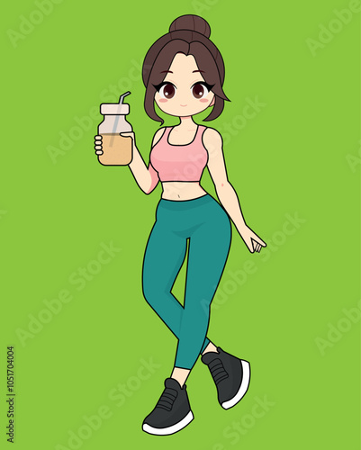 Cute girl drinking healthy drink tea coffee juice smoothie illustration