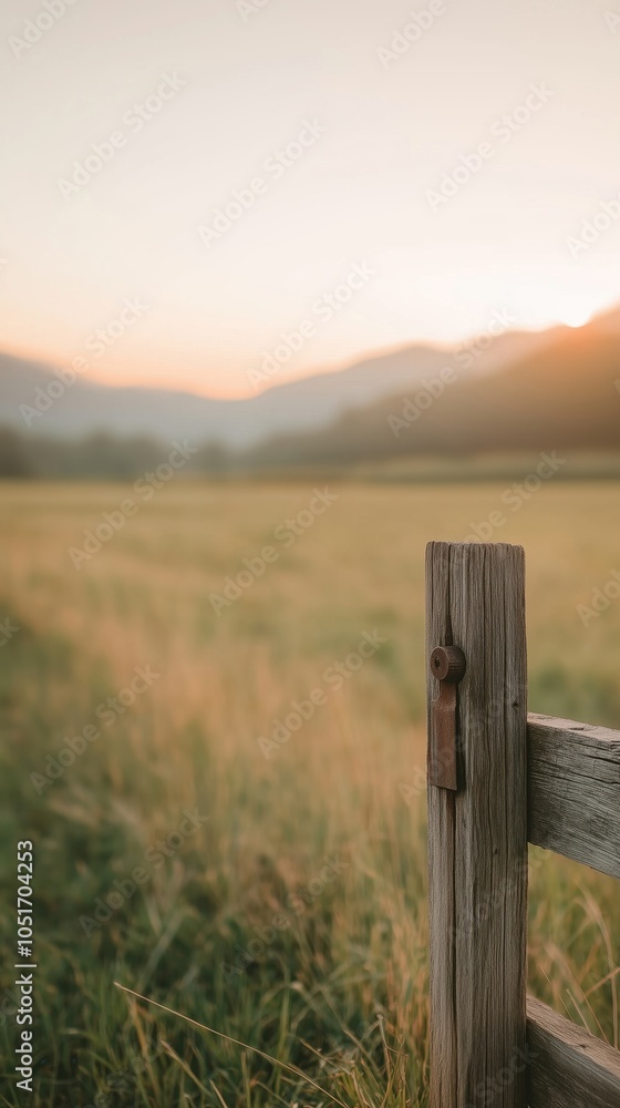 Fototapeta premium Wooden fence post in foreground with a tranquil sunset over a grassy field and mountains in the background.
