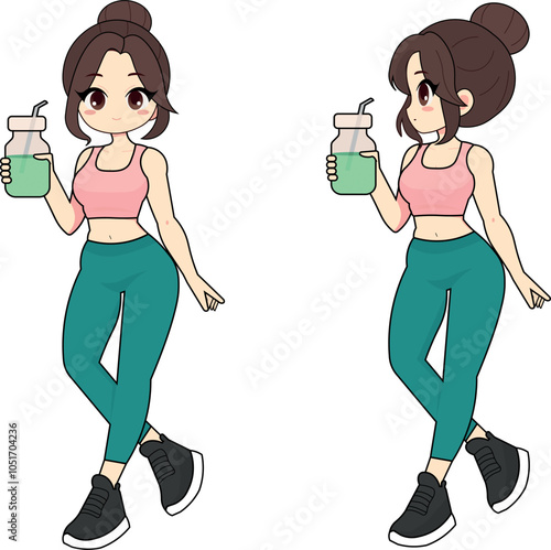 Cute girl drinking healthy drink tea coffee juice smoothie illustration