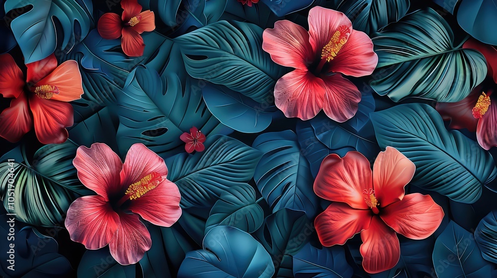 custom made wallpaper toronto digitalWinter tropical flowers and leaves, blues, greens, reds, background.