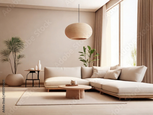 Minimalist, japandi interior design of modern living room.