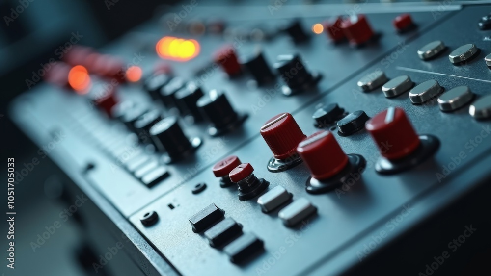Close-up of an analog audio mixer with red and black control knobs and illuminated indicators, emphasizing studio equipment details Close-up of an analog audio mixer with red and black control knobs and illuminated indicators, emphasizing studio equipment details
