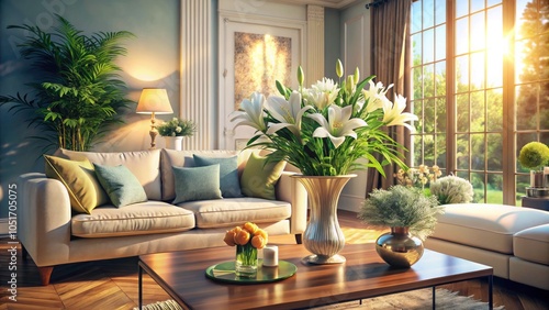 Cozy Living Room Interior Design with Fresh Lilies, Natural Light, Greenery, and Relaxing Sofa - Inspiration for Home Decor and Serenity