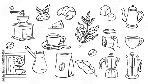 Coffee hand drawn doodle icons set. Vector illustration