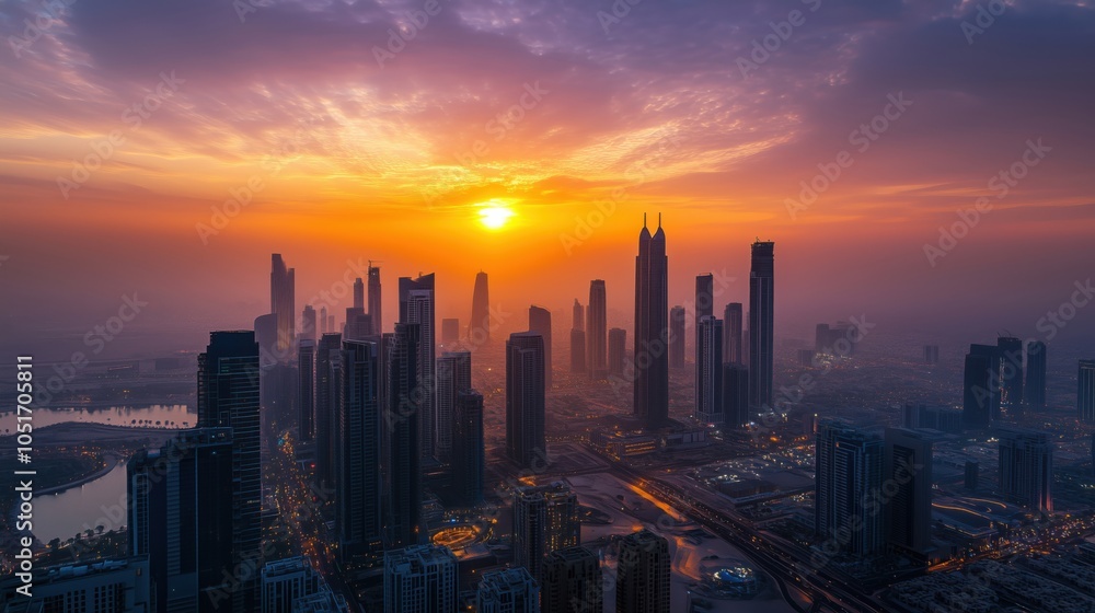Fototapeta premium Sunset over Dubai skyline, skyscrapers silhouetted against vibrant sky