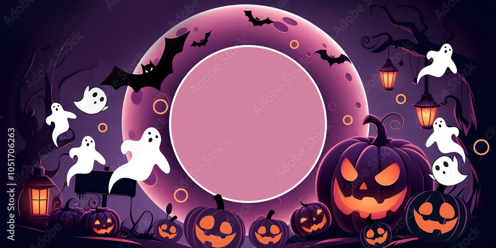 Obraz premium Abstract background. Halloween sale and invitation party a fun night out with cute ghosts and ghost pumpkin and a scary moon in an abandoned cemetery. Website, template, Poster, Promotion