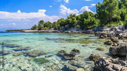 Beautiful coastline with clear water, rocks and trees