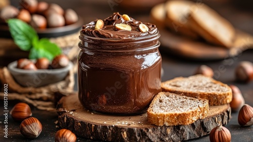 Delicious chocolate spread in a jar, surrounded by whole hazelnuts and slices of bread on a rustic kitchen counter. photo