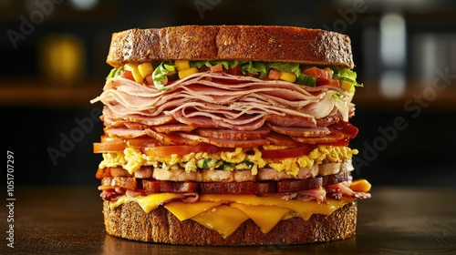 Towering Deli Sandwich With Varied Ingredients photo