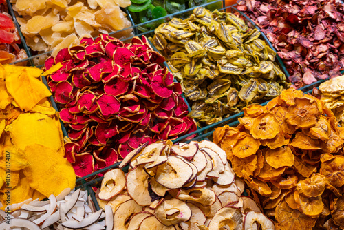 Different spices and dried fruits on display in store, Egyptian Bazaar (Spice Bazaar Market), Eminonu, Fatih District, Istanbul Province, Turkey, Europe photo