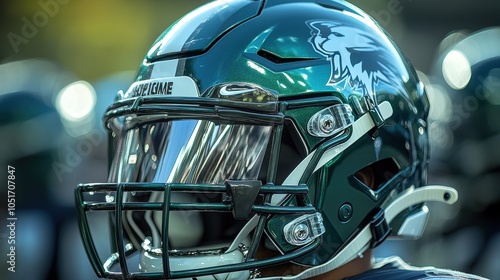 Detailed view of a football helmet with a team logo and visor reflections.