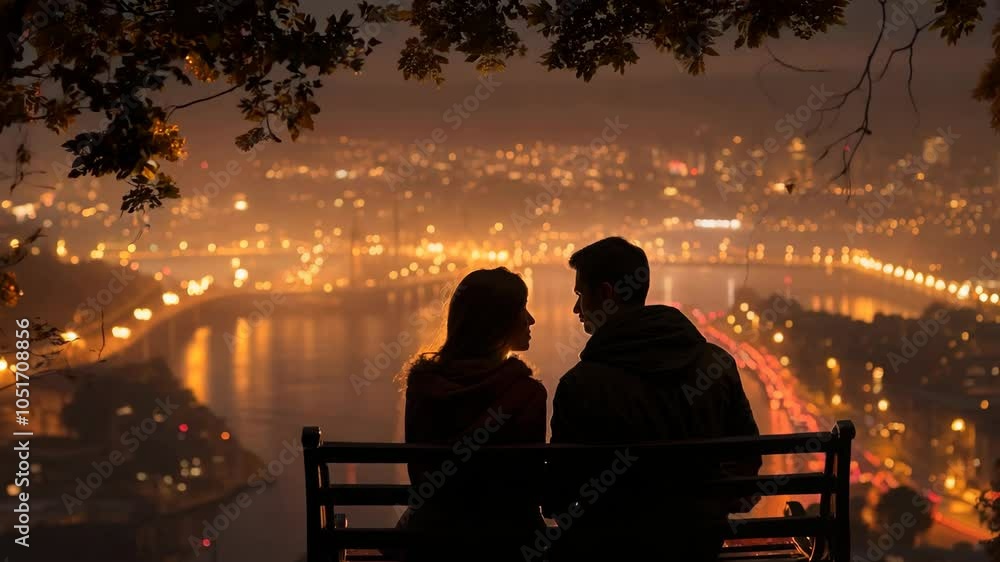 Young couple sharing a romantic moment on a bench at night in the city Young couple sharing a romantic moment on a bench at night in the city