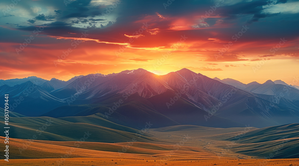 Fototapeta premium A mountain range with a sunset sky of red fused with yellow.