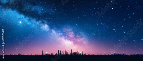 A stunning night skyline silhouette against a starry sky, featuring vibrant colors and a cosmic backdrop that evokes a sense of wonder.
