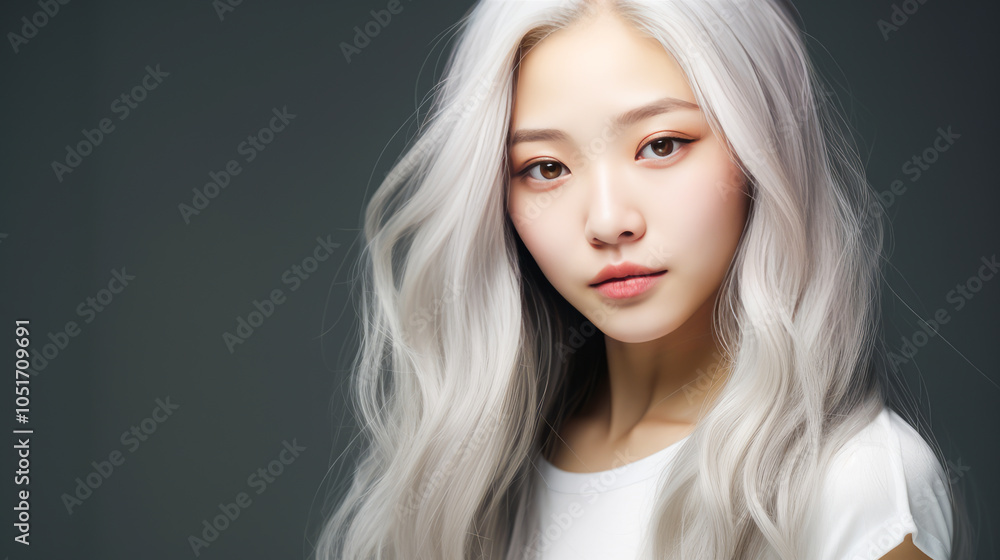 Portrait of smiling asian teenager girl with long and white hair silver background. Portrait of smiling asian teenager girl with long and white hair silver background.