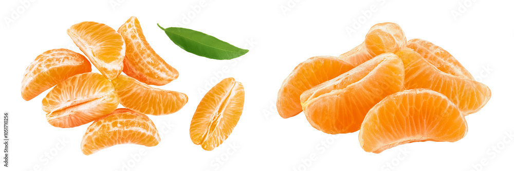Fototapeta premium Tangerine or clementine slices isolated on white background with full depth of field. Top view. Flat lay.