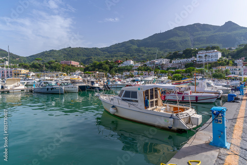 View of marina boats and town in Casamicciola Terme, Island of Ischia, Campania, Italy, Europe photo