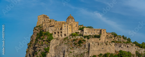 View of Aragonese Castle at sunset, Port of Ischia, Island of Ischia, Campania, Italy, Europe
