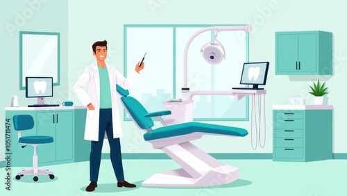 2D illustration of a denist in a white coat in a well-equipped dental office. Shows a clean, professional environment suitable for healthcare designs. photo