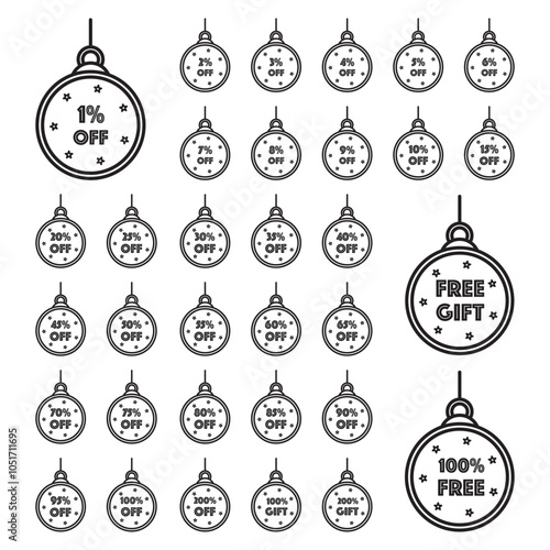 Christmas Ornament Sale Icon. Discounts and gifts. With percentage from one to two hundred. Perfect for Promoting Holiday Discounts. Decoration ball vector in lineal style.
