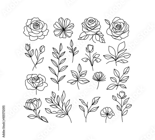 Vector set of one line art flowers and leaves. Continuous mono lines roses, leaves, branches. Blossom logos. Simple sketch, black and white. Floral icons and logos.