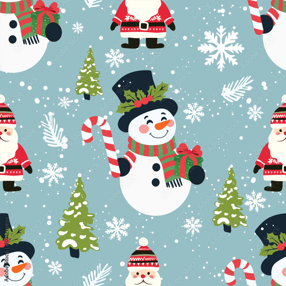Christmas seamless pattern with snowmen, Santa, trees and snowflakes on a light blue background. Christmas seamless pattern with snowmen, Santa, trees and snowflakes on a light blue background.