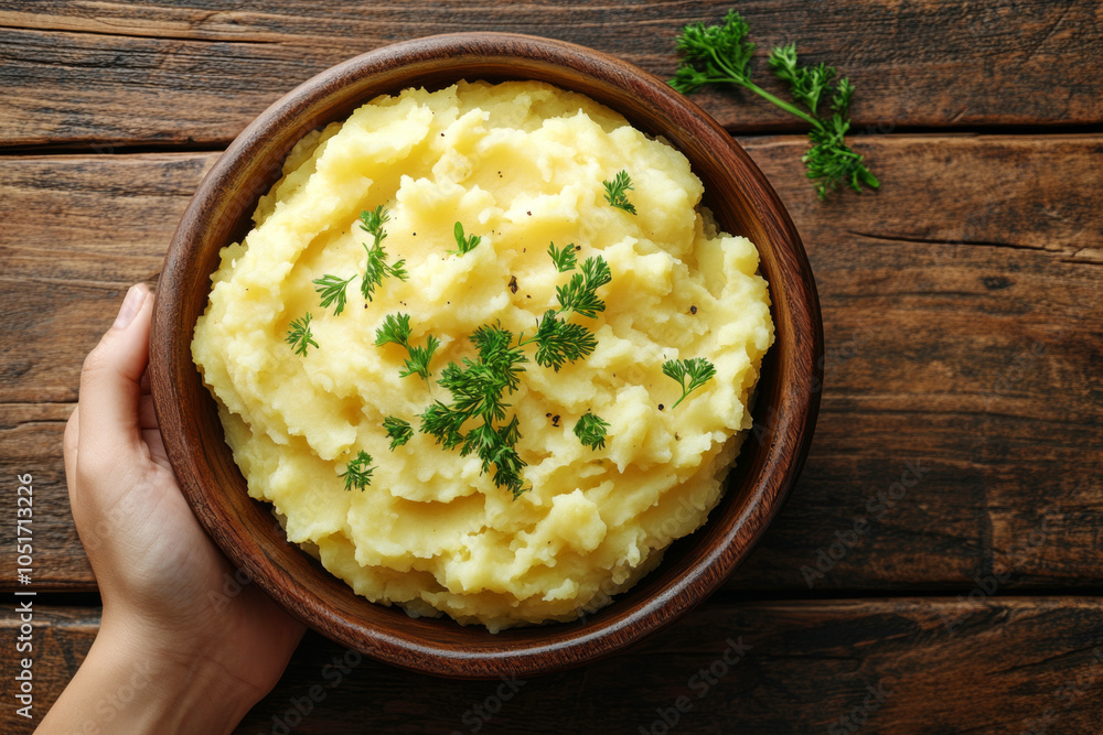 Mashed potatoes with cream in a wooden bowl on a wooden table. A concept for dinner or lunch. Top view from the copy location. . Mashed potatoes with cream in a wooden bowl on a wooden table. A concept for dinner or lunch. Top view from the copy location. .