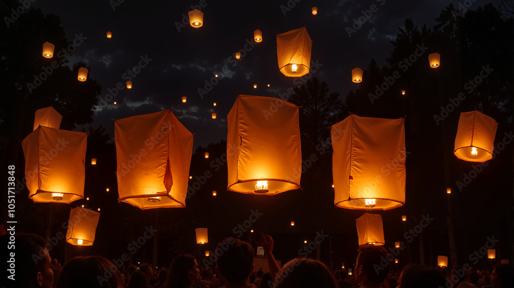Glowing sky lanterns floating at night festival Glowing sky lanterns floating at night festival