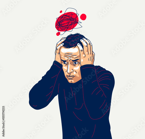 Young man feeling stressed and uncomfortable, vector illustration of a person having mental disorder panic and anxiety, psychological problems.