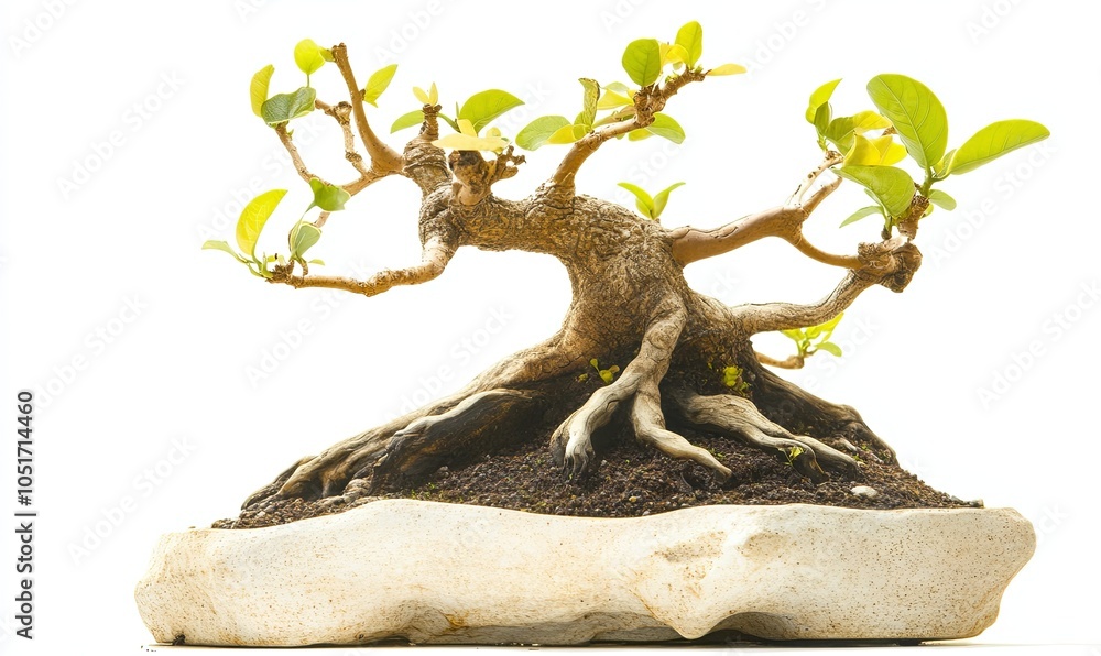 Fototapeta premium A bonsai tree with a twisted trunk and branches, growing in a white pot, isolated on a white background.