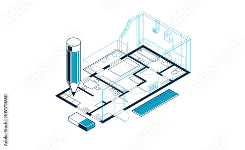 Floorplan implementation drawing with pencil, flat plan residential house or apartment blueprint, 3D isometric vector illustration, interior design project top view.
