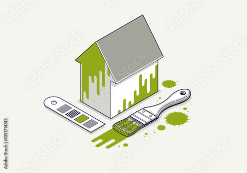 Painting house service exterior walls vector 3D isometric illustration, professional worker facade paint renovation, residential small family house or cottage, outside painting building.