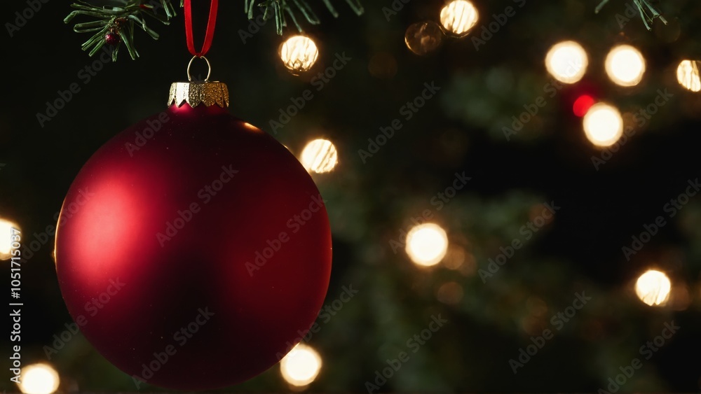 Fototapeta premium Red Christmas bauble hangs from a pine branch, illuminated by warm lights