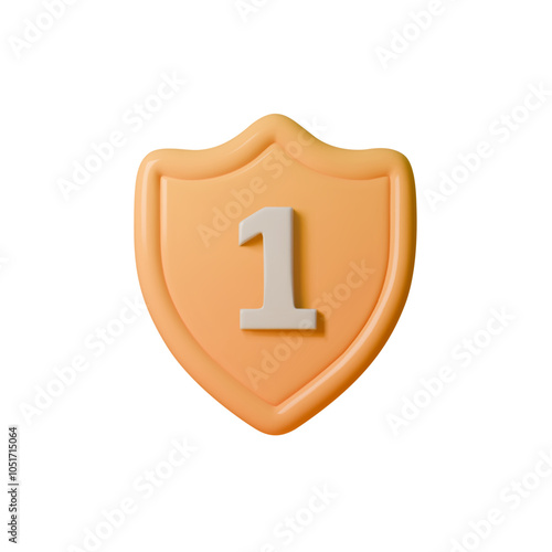 3D vector illustration of shield emblem with the number 1. Minimalist design with soft color palette and dimensional look. Ideal for creating achievement badges, awards, logos