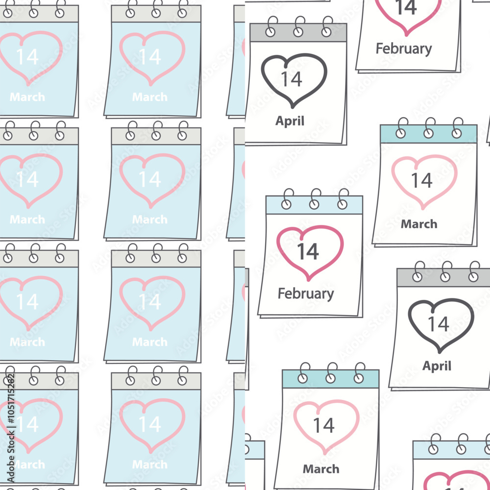 February, March, April 14 Calendar pages with festive date and heart shape stroke Seamless pattern February, March, April 14 Calendar pages with festive date and heart shape stroke Seamless pattern