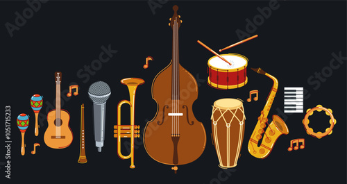 Jazz music band concept different instruments vector flat illustration on dark background, live sound festival or concert, musician different instruments set.