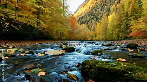 A serene video beautiful brook flowing Carpathian Mountains capturing essence wild nature autumn enhanced soothing sound cinematic 4K format water aquatic audio babble backcountry calm