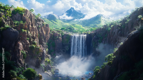 A dramatic waterfall surrounded by rugged cliffs and boulders, with a lush landscape stretching out in the background 