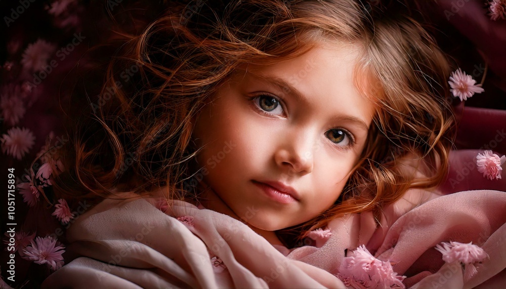 A girl kid lying in her bed with her eyes open A girl kid lying in her bed with her eyes open